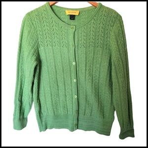 St. John Green Cable Knit‎ Cardigan Sweater size M Medium Wool Blend